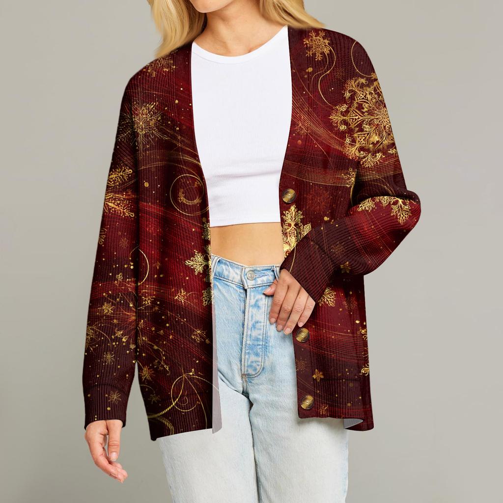 Women's Fashion Long Sleeve Print V-Neck Button Loose Cardigan Top