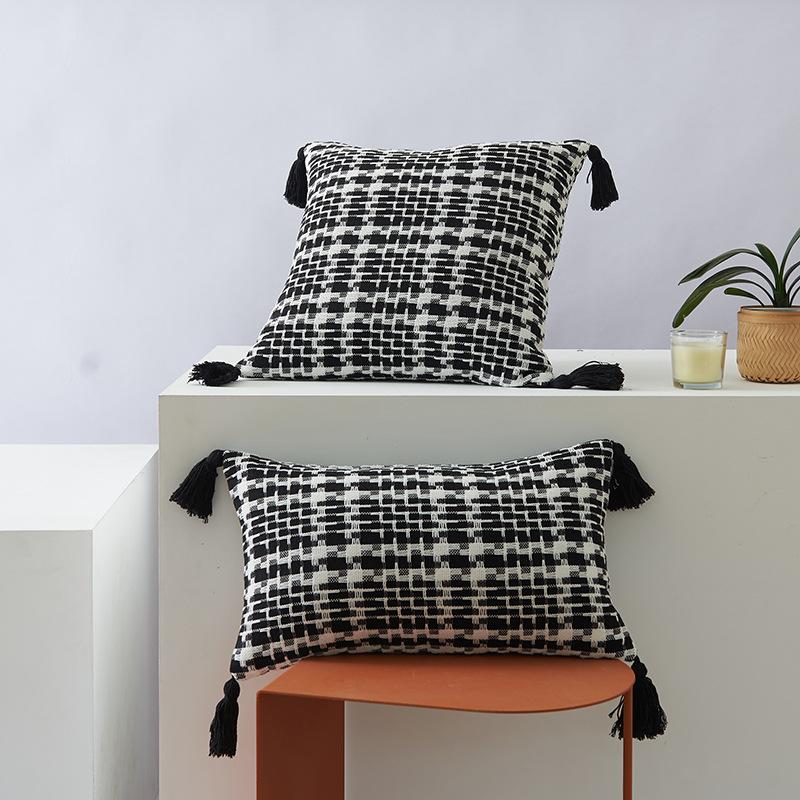 Houndstooth Two-color Woven Pillow Polyester-cotton Tassel Double-sided Office Fashion Ins Style Sofa Cushion Pillow Cover