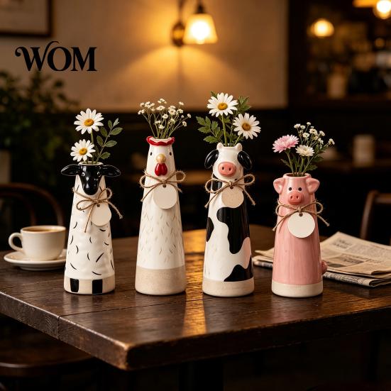 Small Bouquet Flower Vessel Resin Cute Animal Vase, Farmhouse Decorative Holder for Home Shaped Plant Pot Office Decor, Pig/Cow/Sheep/Chicken