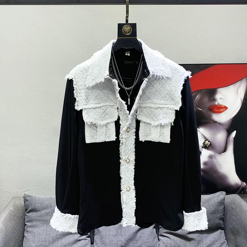 Men s Black White Tweed Patchwork Long Sleeve Button Down Shirt Casual Streetwear Top S чёрный