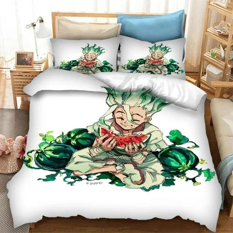 New 3D Anime Dr.STONE Bedding Set Printed Bed Set With Pillowcase Bed Duvet Cover Soft Single Double Queen Super King Size