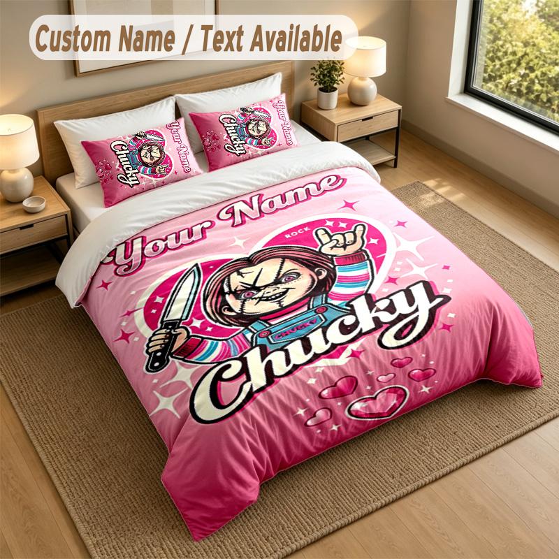 3-teiliges Bettwäsche-Set mit individuellem Namen/Text, 1 Spannbettlaken, 2 Kissenbezüge, Heim-Bettdekoration, Kinderzimmer Chucky Tiffany