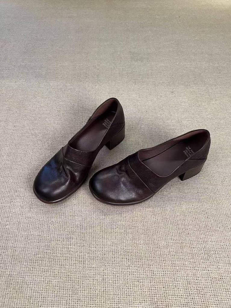 Retro All-Leather Loafers: First-Layer Cowhide, Chunky Heel, Round Toe, Deep Cut, Soft, Comfortable.
