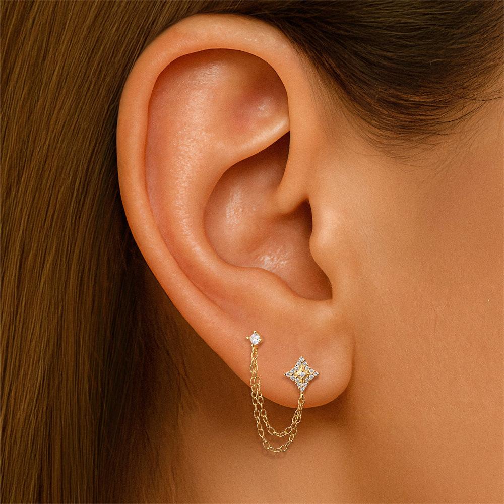 Factory 925 Sterling Silver Star Flower Double-layer Tassel Chain Stud Earrings Zircon Gold Plated Earrings for Women