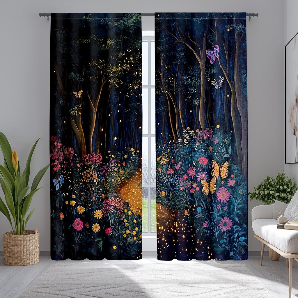Classic Style Polyester Enchanted Forest Curtains Fantasy Flower Butterfly Motifs Magic Themed Bedroom Decor Blackout Set Of 2 Made