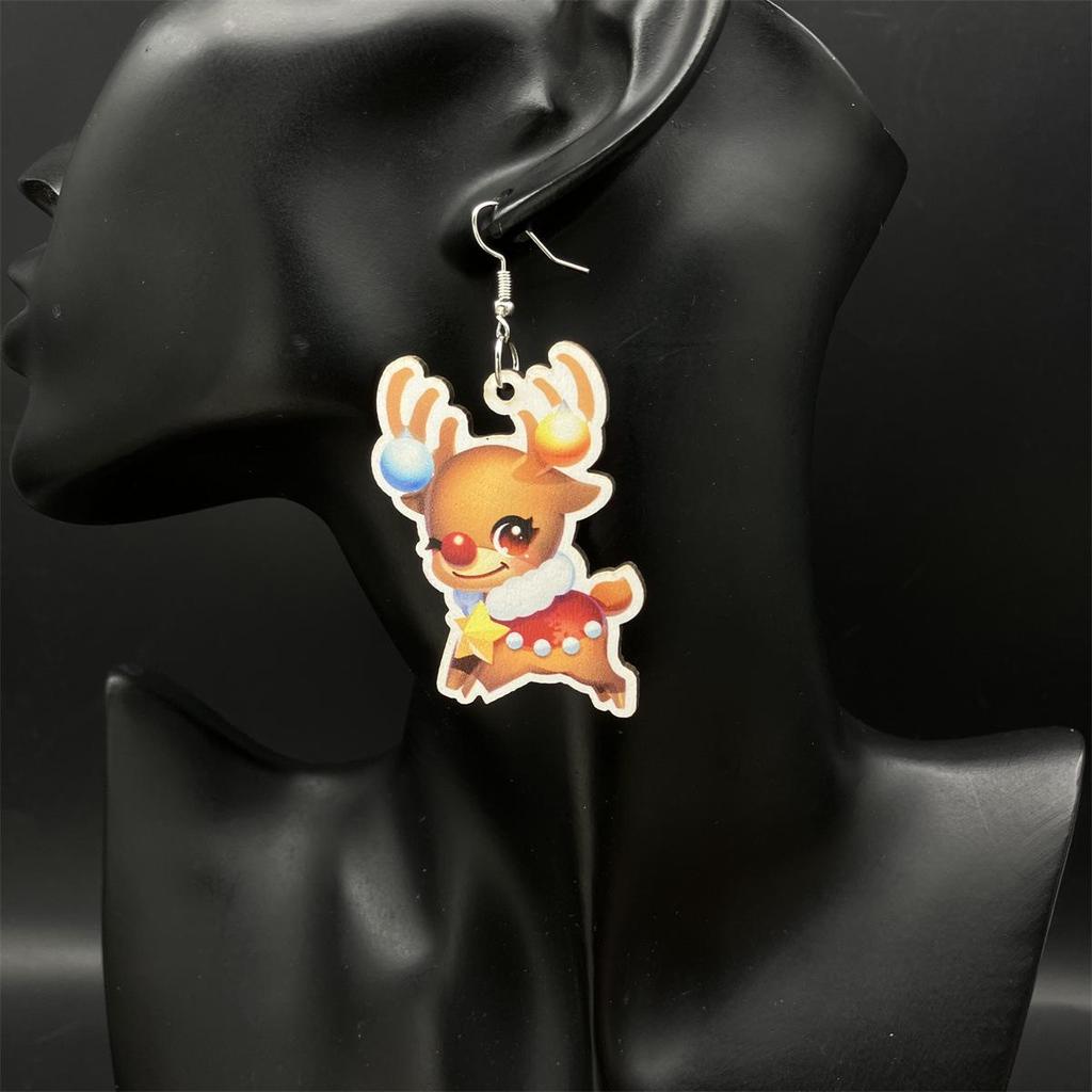 Retro Christmas Reindeer Wood Earrings - Long Festive Design