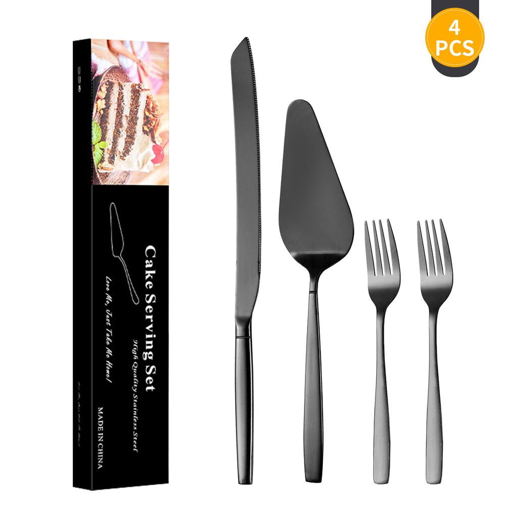 4Pcs Cake Server Cutlery Set Stainless Steel Cake Knife Fork Spatula Set Cheese Knife Pie Pizza Spatula Dessert Fork Flatware