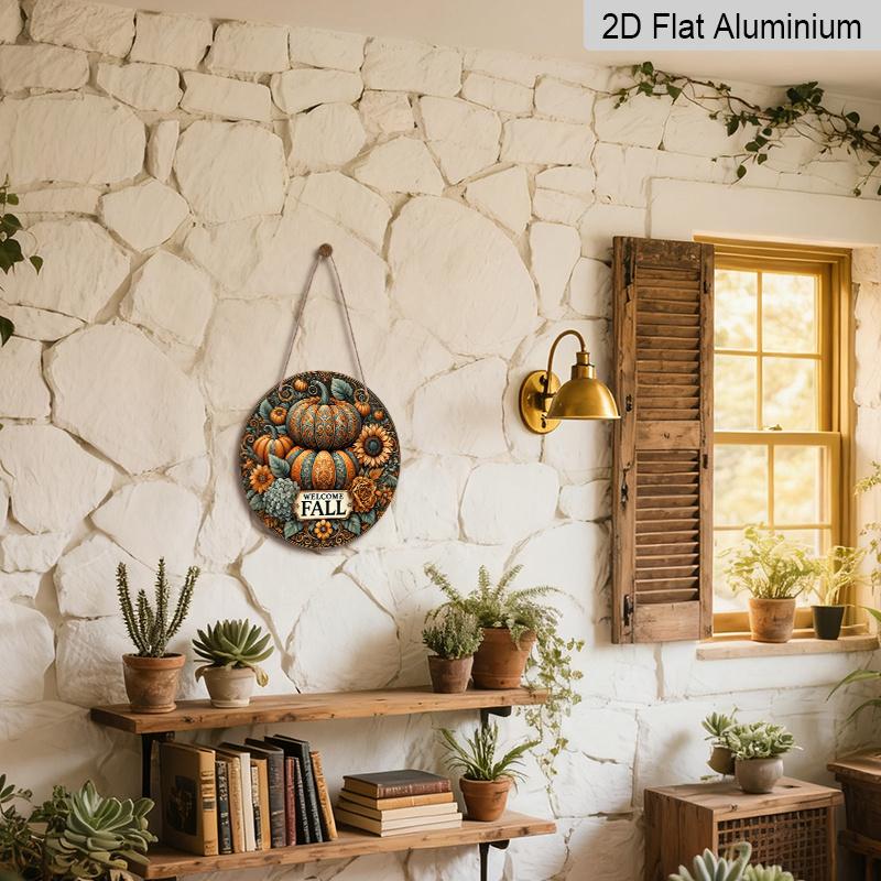 2D Flat, 1pc Vintage Autumn Harvest Metal Wall Sign - Fall Welcome Plaque with Corn, Wheat & Grain Stalks, Aluminum Outdoor/Indoor Decor Suitable for