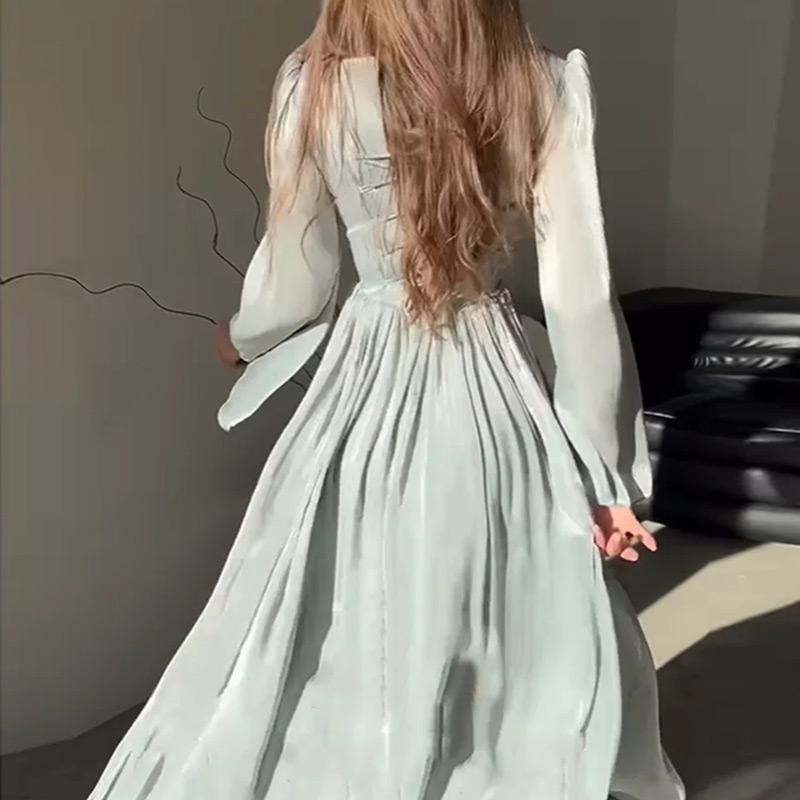 Vestido plisado de cintura alta con cuello cuadrado para mujer, elegante, estilo retro, corte, manga larga, primavera y verano 2025