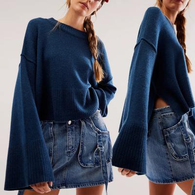 Strickpullover für Damen, lässig, einfarbig, O-Ausschnitt, ausgestellt, lange Ärmel, Pullover, hoch und niedrig, seitlicher Schlitzsaum, leichte Strickoberteile