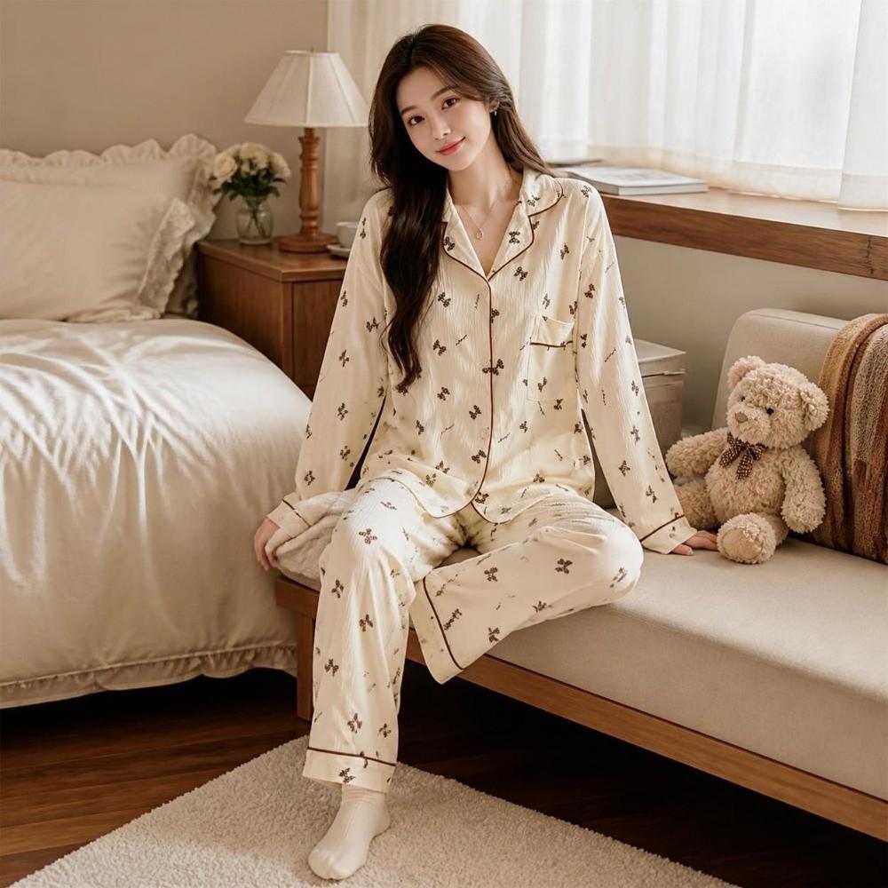 Bow Long Pajama Set Bear Lady Nightwear Suit Comfortable Women's Loungewear  Female