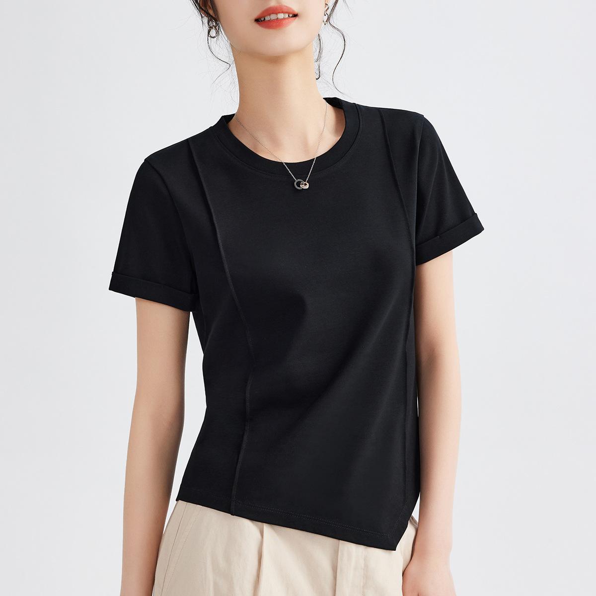 Женский летний новый нерегулярный дизайн Sense однотонный круглый воротник все короткий рукав топ M чёрный