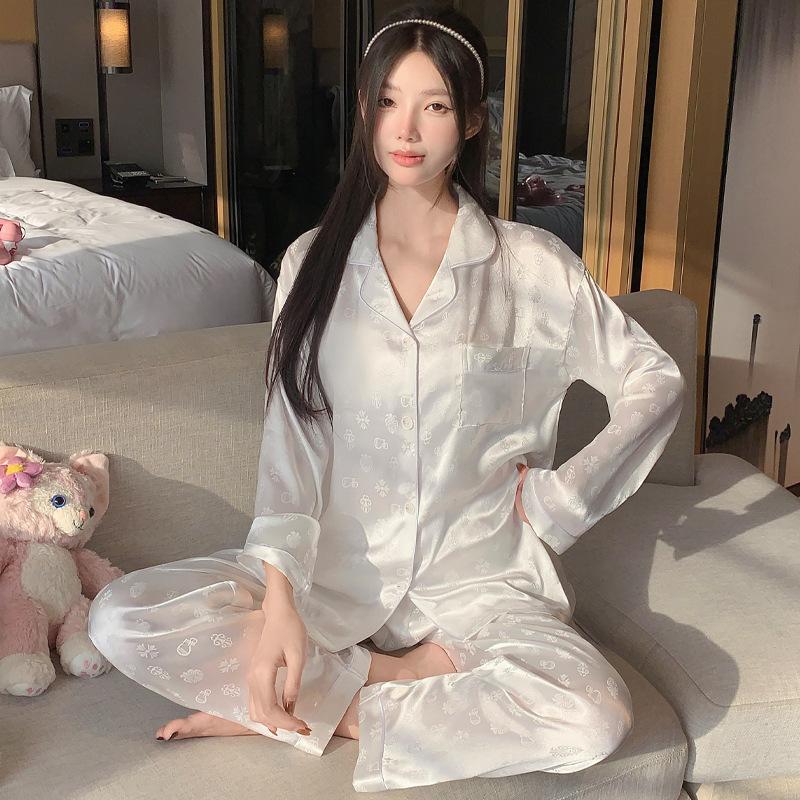 French Cute Cat Ice Silk Pajamas Women'S Spring And Autumn Sweet Wind Cool Long-Sleeved Loungewear Suit Can Be Worn Outside