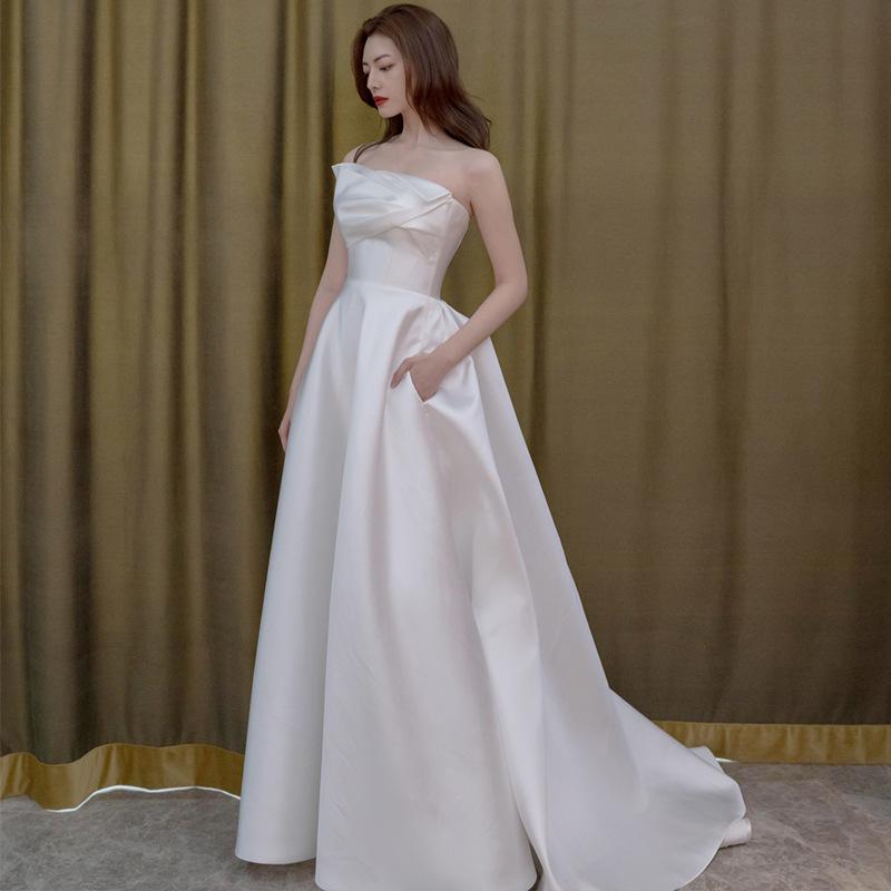 Bridal Tube Top Light Wedding Dress Simple White Satin Korean Welcome Dress Travel Photo Light Wedding Dress Mori Trailing Dress
