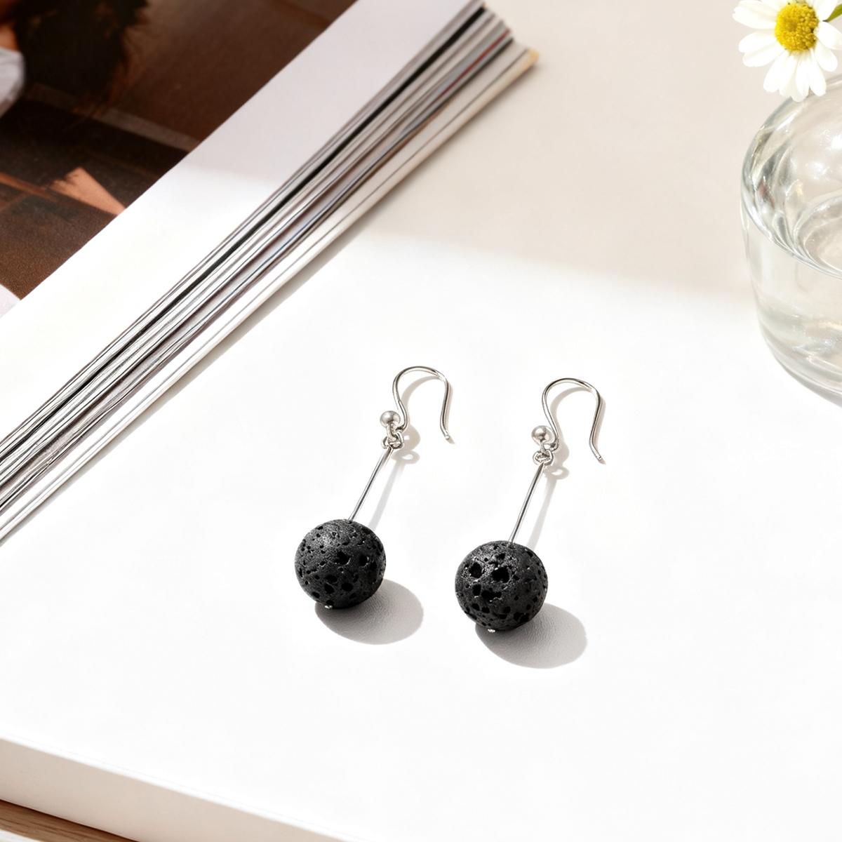 925 Copper Natural Lava Stone Earrings Unisex Natural Zircon Diffuser Zircon Christmas Gift Simple Stylish Lava Stone Studs
