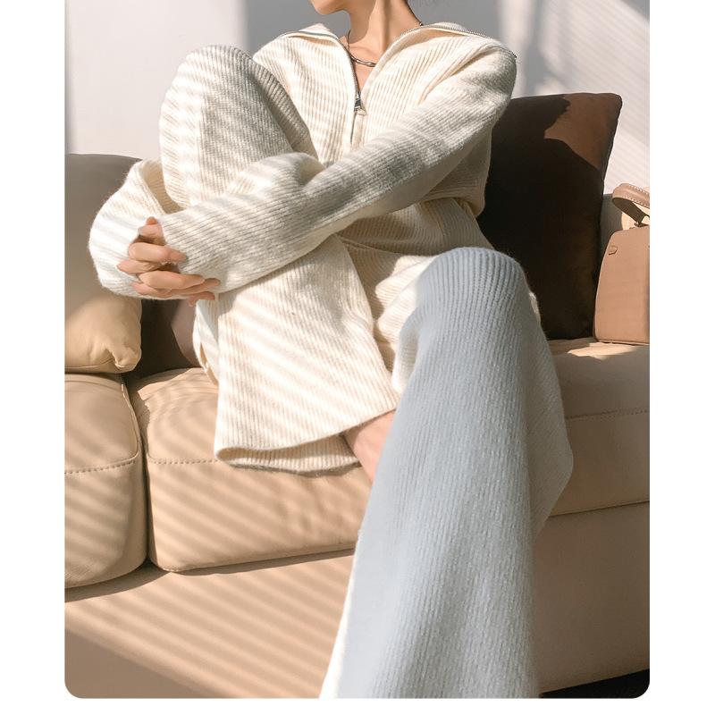 European and American style turtleneck zipper pullover sweater knitted suit women's autumn and winter loose wide-leg pants two-piece set