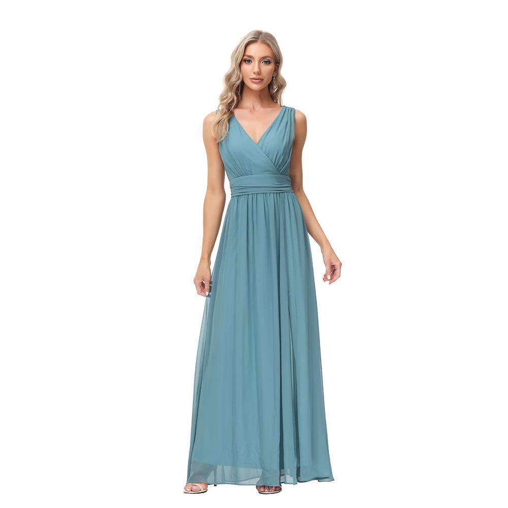European & American Women’s Chiffon A-Line Evening Dress with Double V-Neck, Sleeveless Design, Slit, and Elastic Waist.