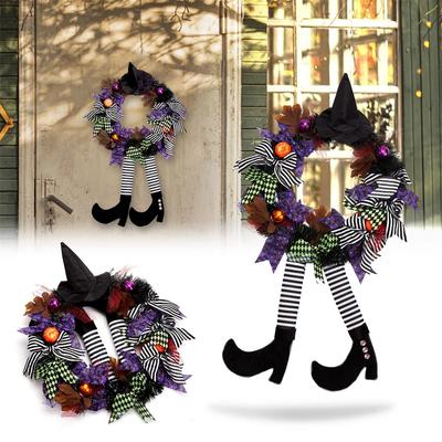 Halloween Wreath Decorations for Front Door Outdoor, Vintage Halloween Witch Leg Pumpkin Maple Leaf Decor Garland for Party Deco