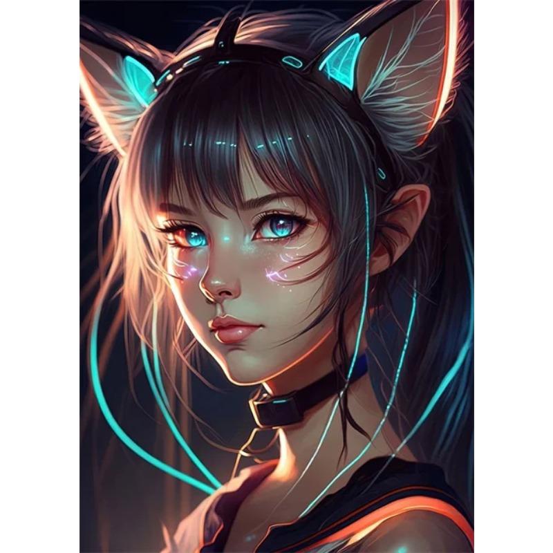 Neon Anime Cat Girl Posters Prints Canvas Painting Manga Neon Canvas Wall Art Pictures for Modern Home Girl Bedroom Game Decor