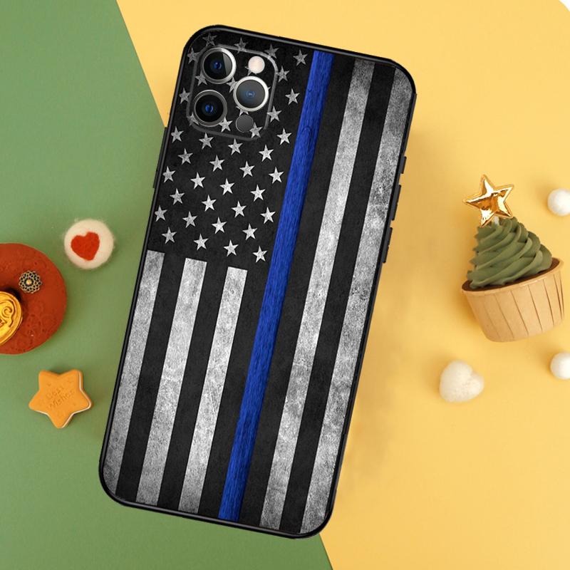Police Styled Thin Blue Line Flag Case For iPhone 13 12 Mini 11 14 16 15 Pro Max 7 8 Plus X XR XS Max Back Cover