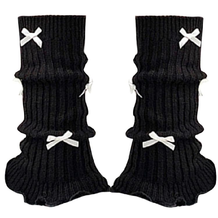 Women Girls Ballet Style Bowknot Leg Warmers Sweet Ribbed Knitted Ruffled Trim Socks Foot Cover Boot Cuffs Accessories