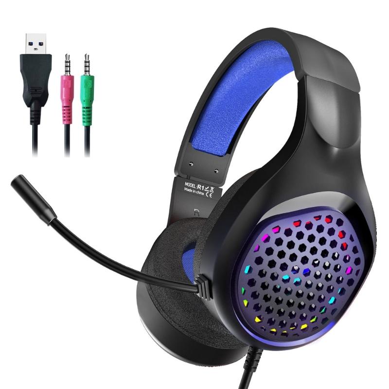 Gaming Headphone with Microphone for PC Corded Noise Cancelling Over Ear Headphone with LED Light for Computer