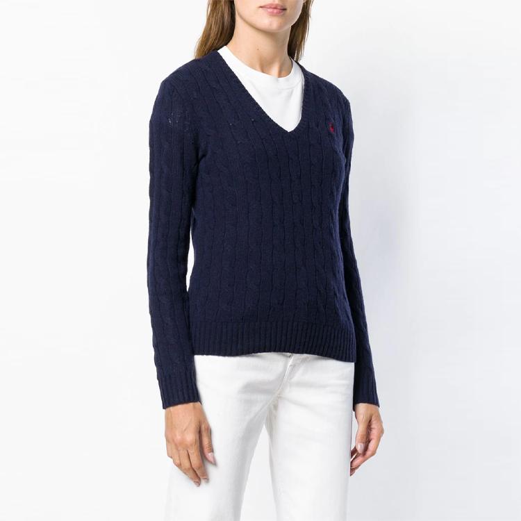 Polo Ralph Lauren FW21 Logo Solid V-Neck Knit Sweater Women Sweater Blue 211508656-009