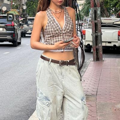 Sexy Vest Halter Lace-up Sleeveless Backless Plaid Pattern Tops with Lace Decoration Slim Fit French Style Tops