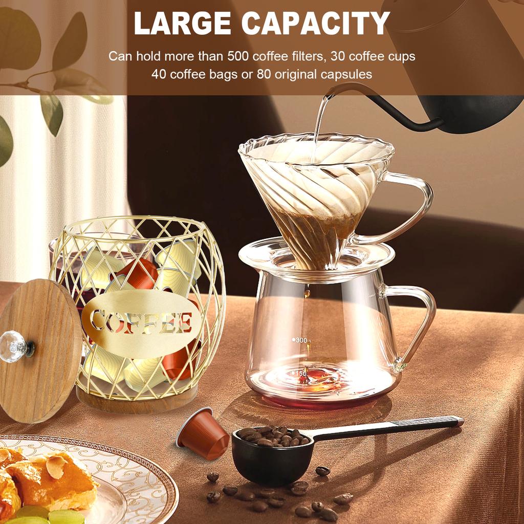Coffee Pod Basket Holder Metal Coffee Pod Organizer with Dust Cover Hollow Design Large Capacity Kitchen Storage Basket