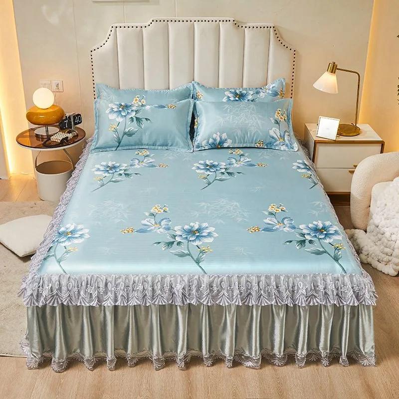 3pcs/set 2024 Summer Lace Bed Skirt Ice Silk Mat Printed Korean Lace Cool Mat Set Retro Single AndDouble Air Conditioned Bed Mat