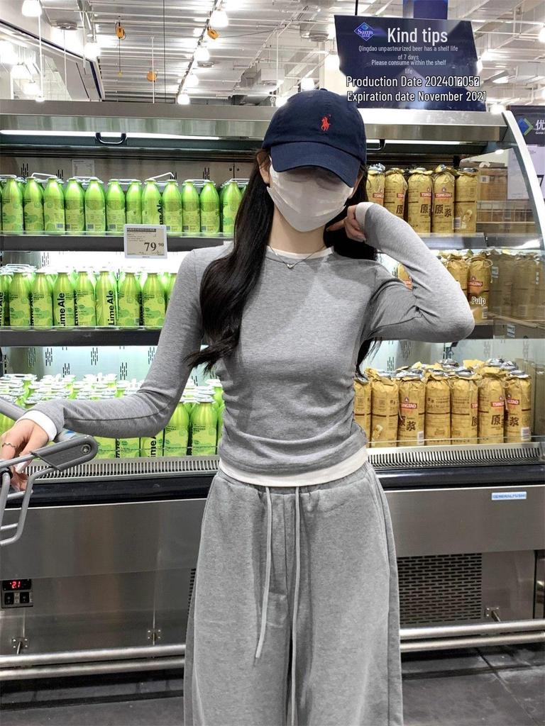 Women's Retro Spliced Pleated Two-Piece Long-Sleeve T-Shirt