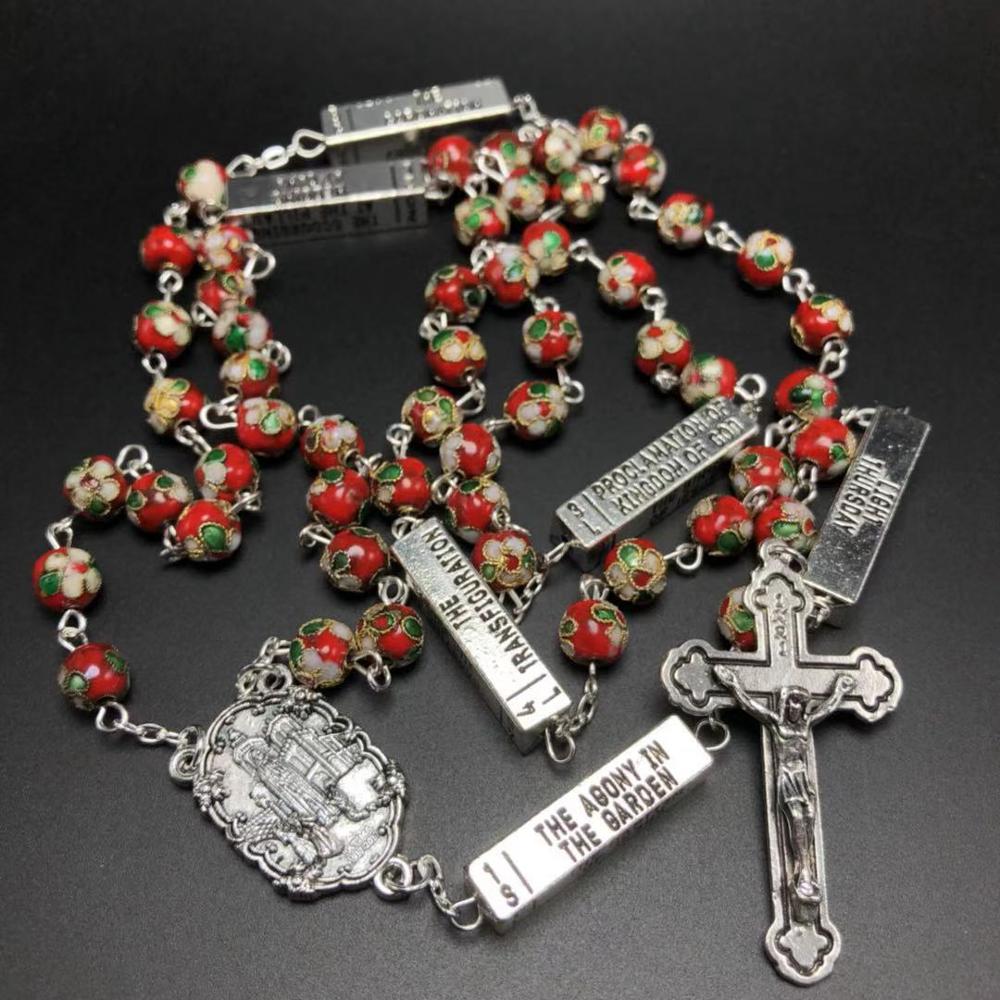8mm Red Cloisonne Rosary Necklace With Five Mysteries more than 50cm синий