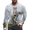 Essential 3D horse print long sleeve T-shirt, casual men's stylish top.