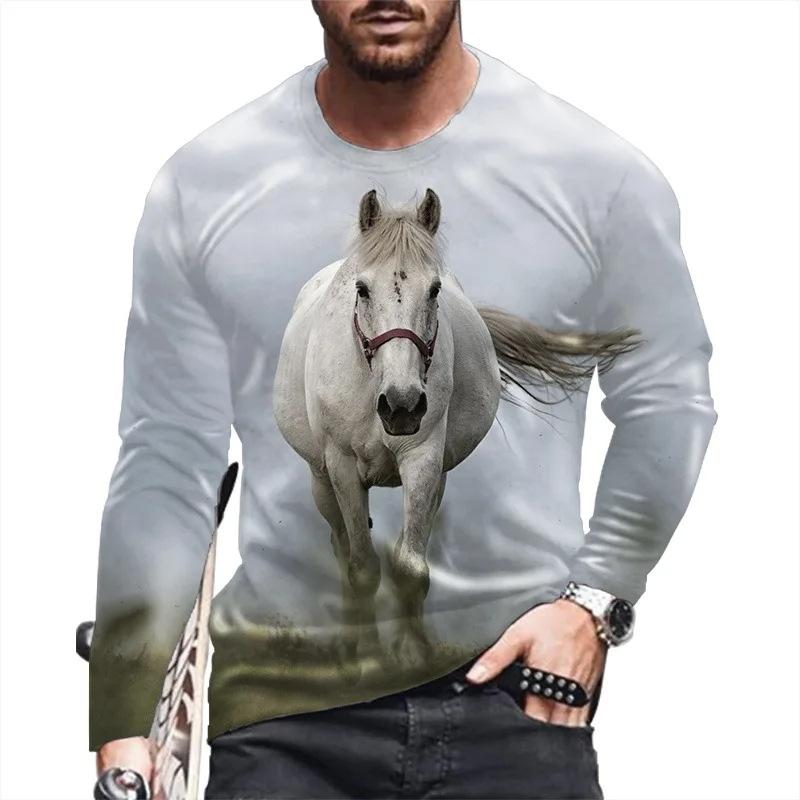 Essential 3D horse print long sleeve T-shirt, casual men's stylish top.
