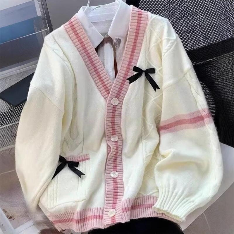 GlowGir Casual Sweet Bow Cardigan Woman Autumn Winter Japanese Classic Preppy Style Knitted Coats Y2K Vintage Contrast Color V-Neck Tops