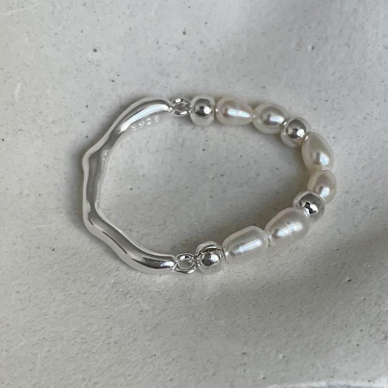 BFCLUB Silver Color Geometric Irregular Ball Pearls Rings for Women Bohemian Retro Adjustable Antique Personality Ring