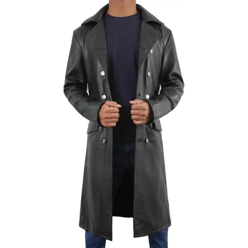 Popular German officer uniform WWII classic black long leather trench coat jacket for men