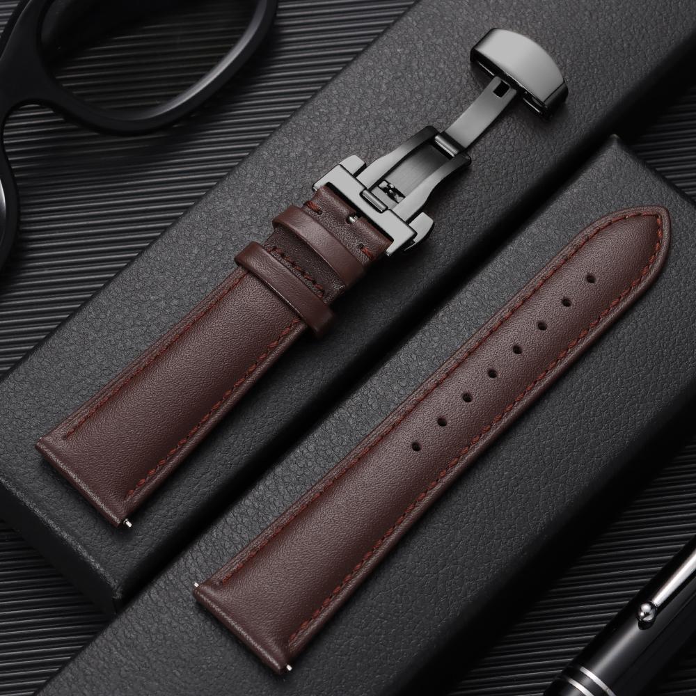 12/14/16/18/20/22mm Genuine Calfskin Watch Strap Casual Business Leather Watchband for Men Wristwatch Band with Butterfly Buckle