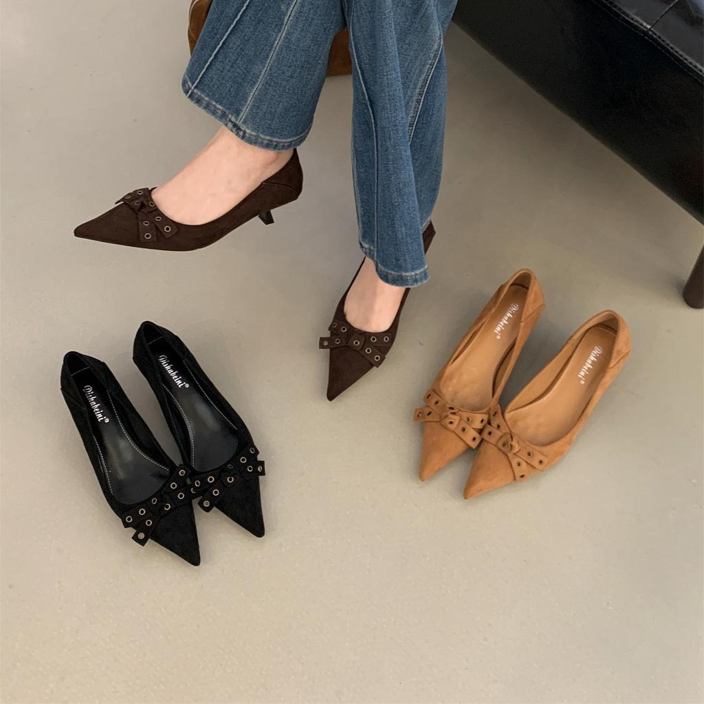 French bow temperament lady single shoes 2025 spring new versatile stiletto pointed high heels