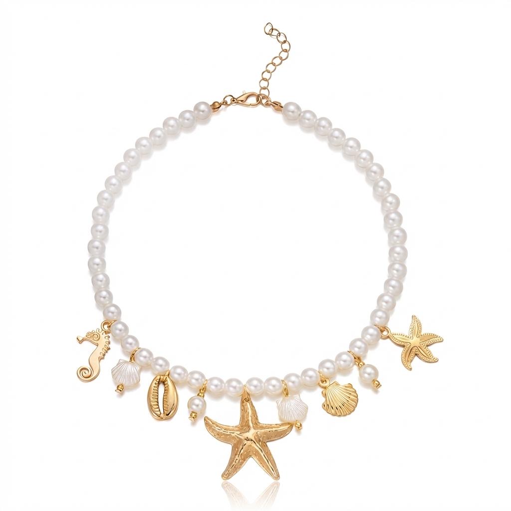 

Boho Starfish Shell Seahorse Simulated Pearl Necklace Summer Beach Vacation Choker For Women