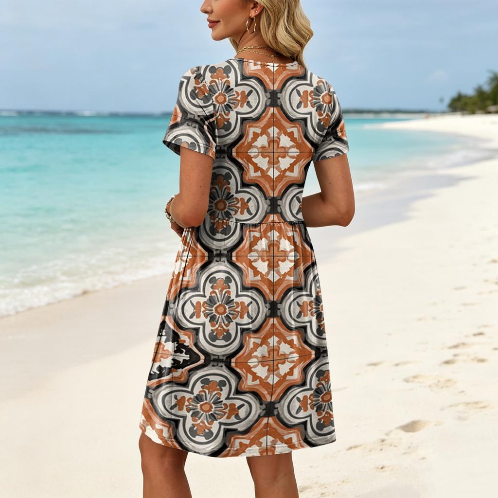 Casual Short Sleeve Floral Print Dress with Round Neck Waist Tie and Pockets Comfortable Everyday Wear for Women