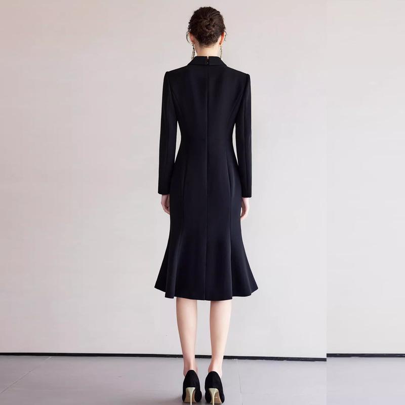 Black Slimming Mid-Length Fishtail Skirt Dress for Professional Women's Formal Wear