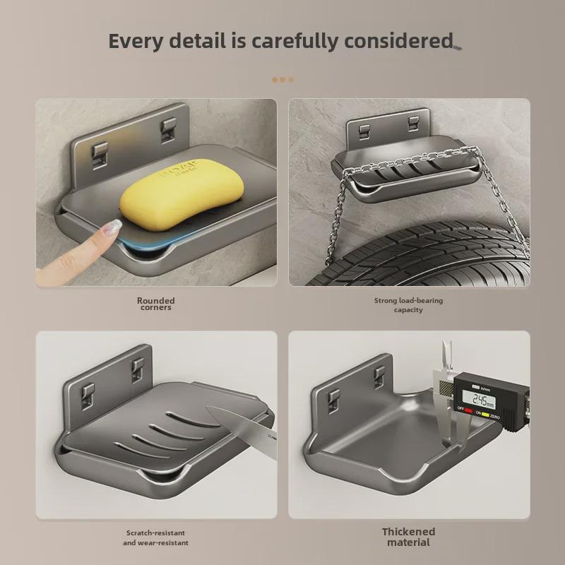 Punch-Free Wall-Mounted Soap Rack, Space-Saving Aluminum with Dual Drain Design