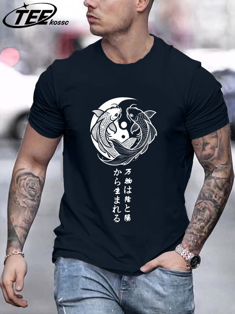 Japanese Harajuku Koi Art Letter Print Mens TShirt Loose Casual T Shirt AllMatch Cotton Streetwear Male Fashion Soft Clothing
