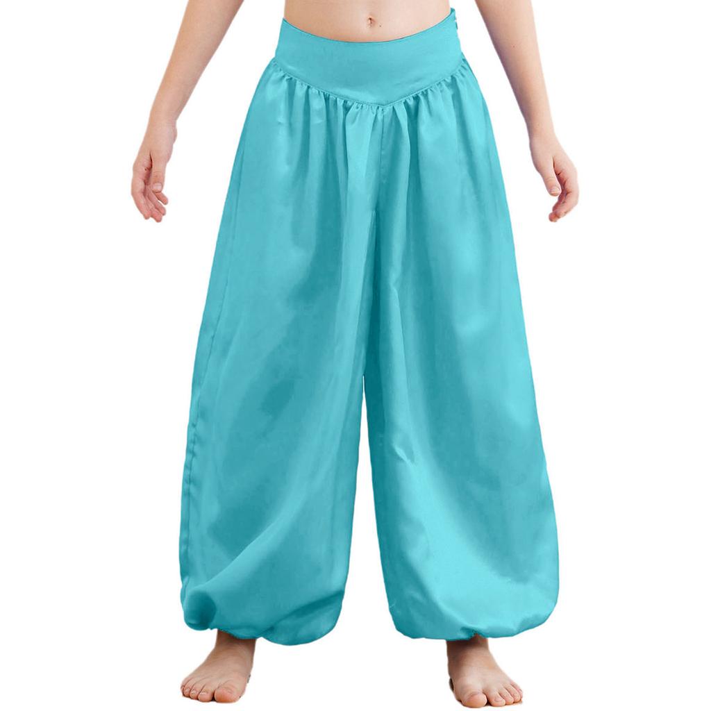 Girls Asymmetrical Shoulder Sequin Crop Top Satin Bloomers Pants Belly Dance Outfit