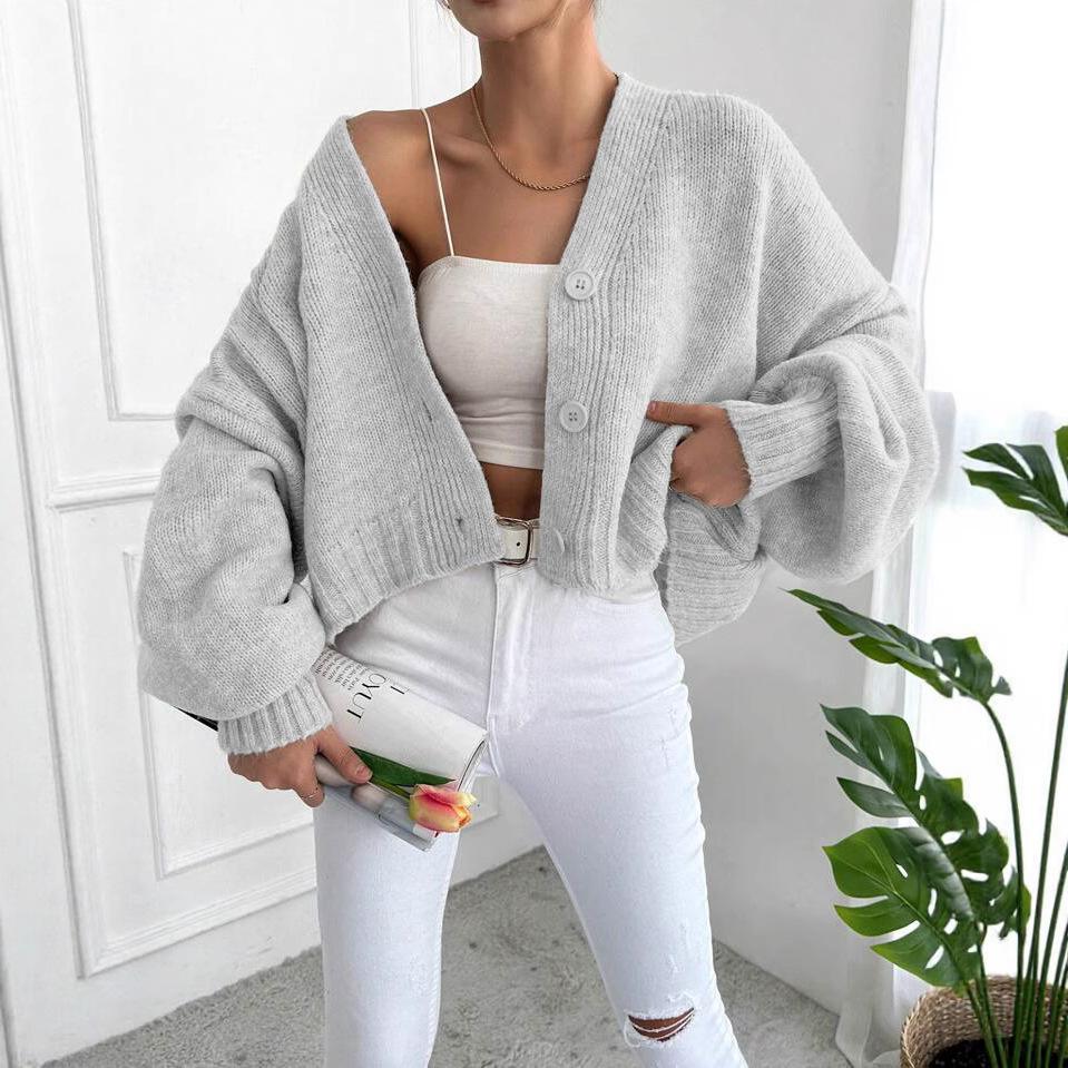 Knitted Cardigan Women's Loose V-neck Lantern Sleeve Sweater