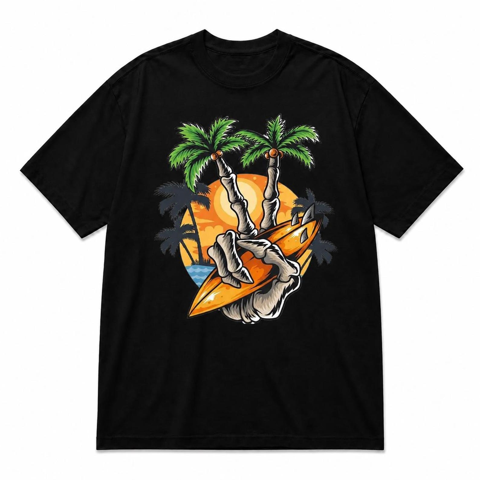 Tropical Surf Skeleton Hand Beach T-Shirt XL
