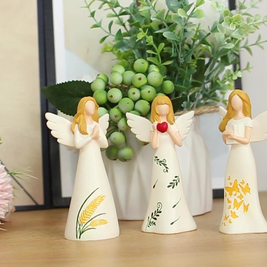 Praying Angel Statue Set (With Heart And Bible) - Elegant Beige Resin Statues Perfect For Home Altars And Spiritual Decor.