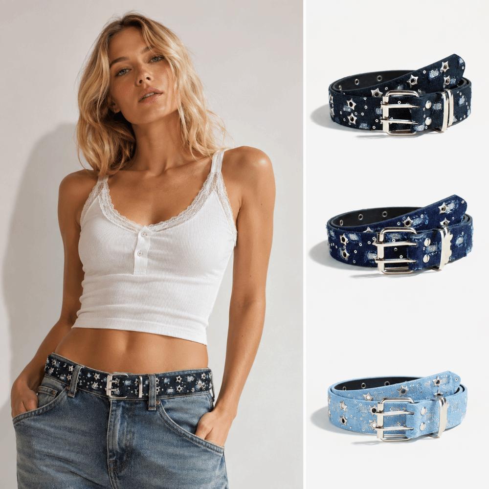 Vielseitiger Breiter Ledergürtel Luxuriöses Design Stern Ausgeschnitten Gürtel Mode Punk Denim Taillenband