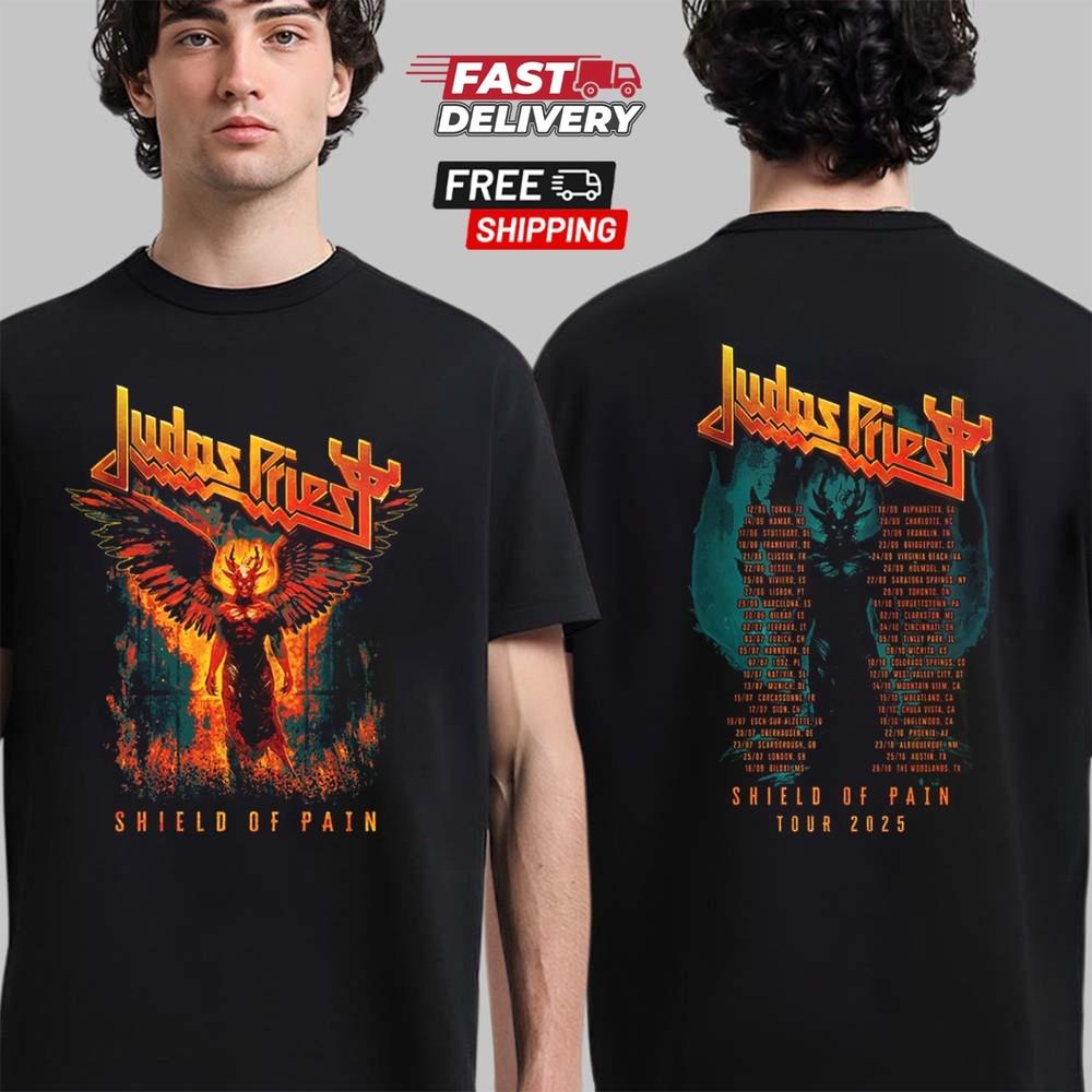 Judas Priest Щит Боли Тур 2025 Крылатый Демон Двусторонняя Футболка Унисекс Футболка XXL